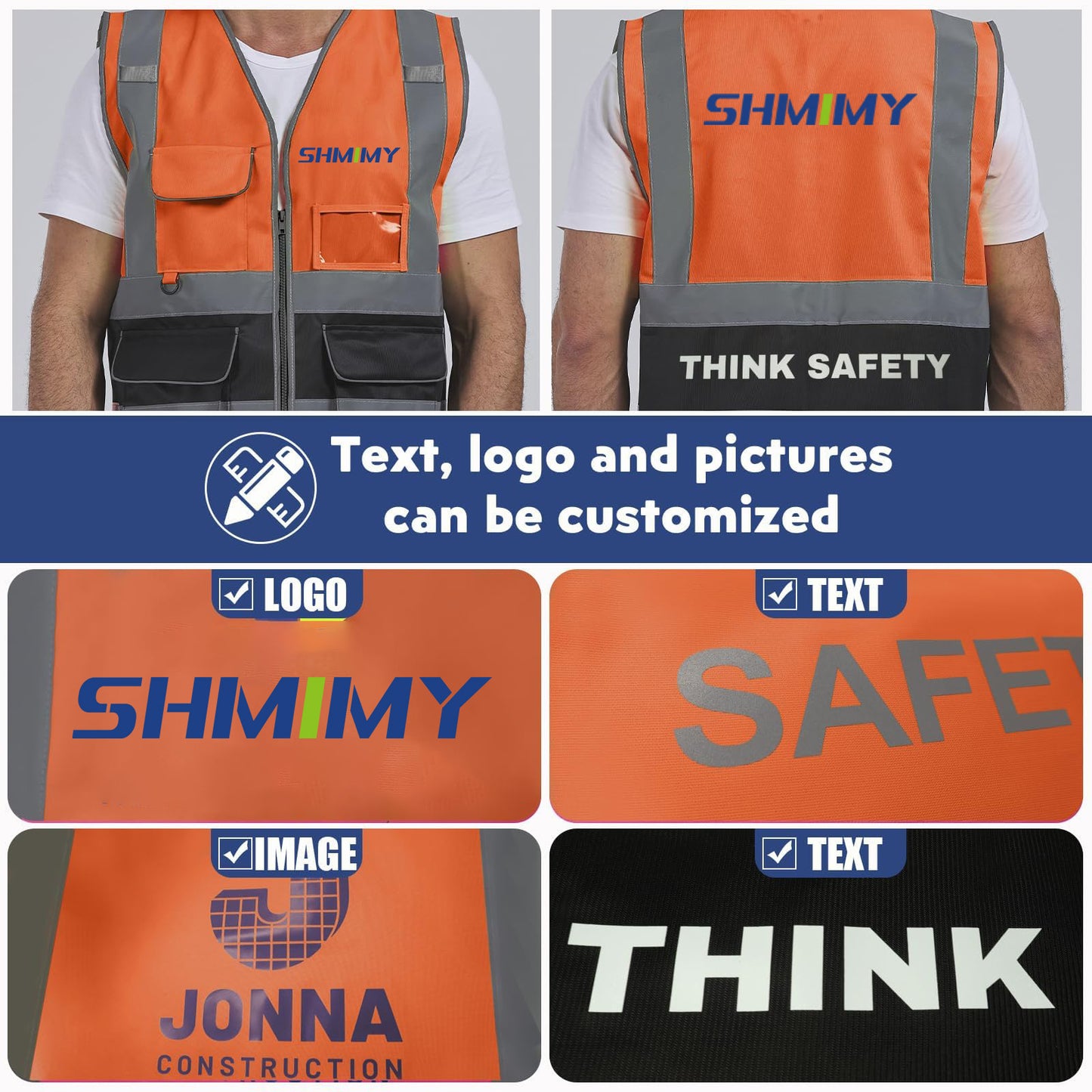 Shmimy Custom Safety Vest Class 2 High Visibility Reflective Vest 6 Pocket