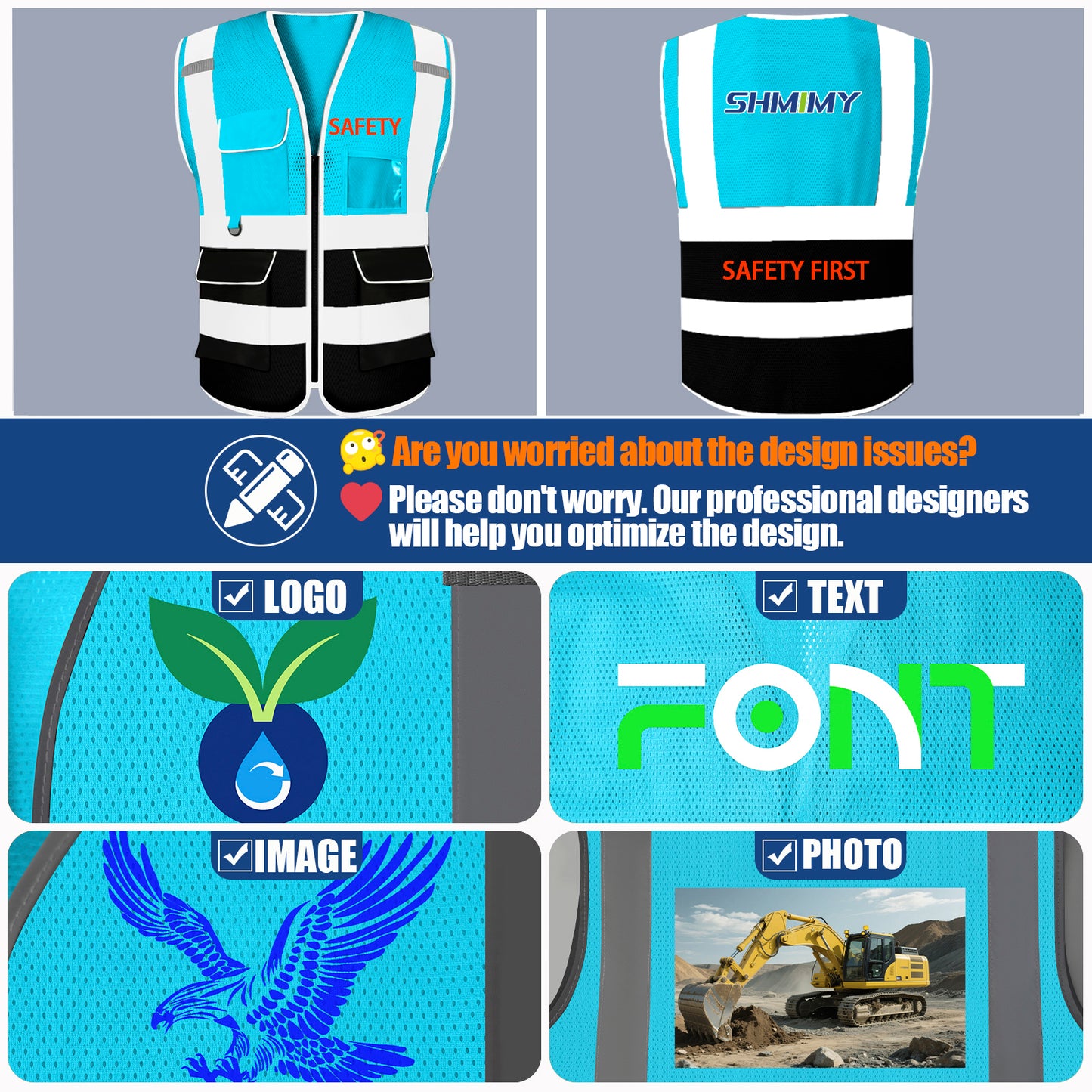 Shmimy 6 Pockets Custom Safety Vest Customized Logo Class 2 High Visibility Reflective Vest