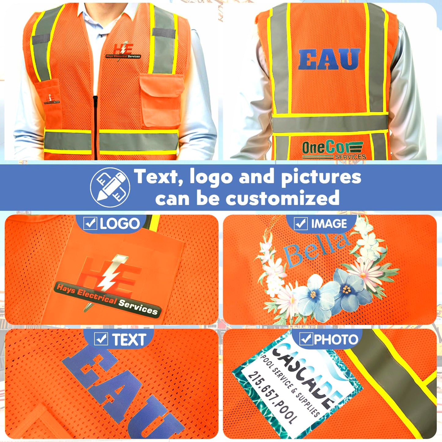 Shmimy Custom Safety Vest Customized Logo Class 2 High Visibility Reflective Vest with 8 Pockets Construction workwear