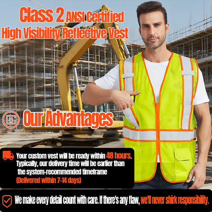 Shmimy Custom High Visibility Safety Vest, Class 2 Reflective Work Vest With Pockets, Custom Logo Construction Workwear
