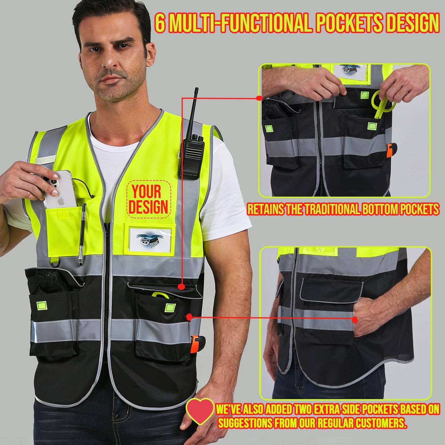 Shmimy Custom Safety Vest Class 2 High Visibility Reflective Vest 6 Pocket