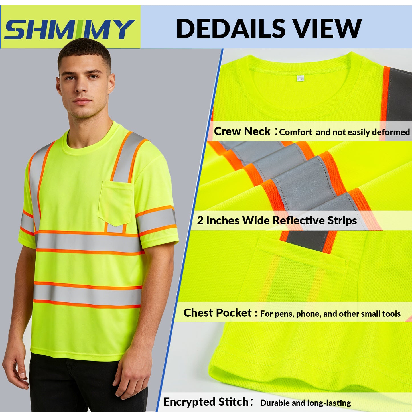 Shmimy Custom Logo High Visibility Safety Shirts, ANSI Class 3 Reflective Work Shirts Long Sleeve Crewneck T-Shirt