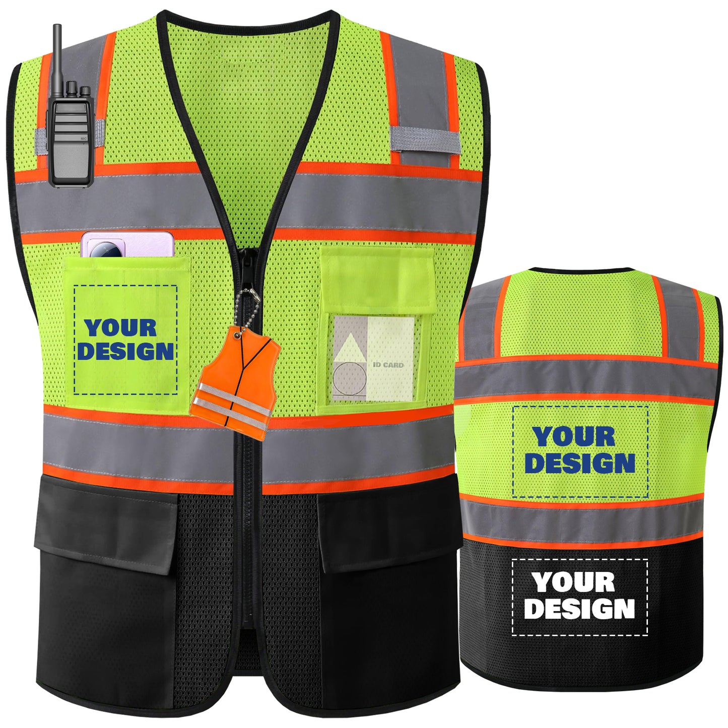 Shmimy Custom Logo High Visibility Reflective Safety Vest Class 2 - Unisex Adult Workwear with Zipper & 9 Pockets for Construction & Security