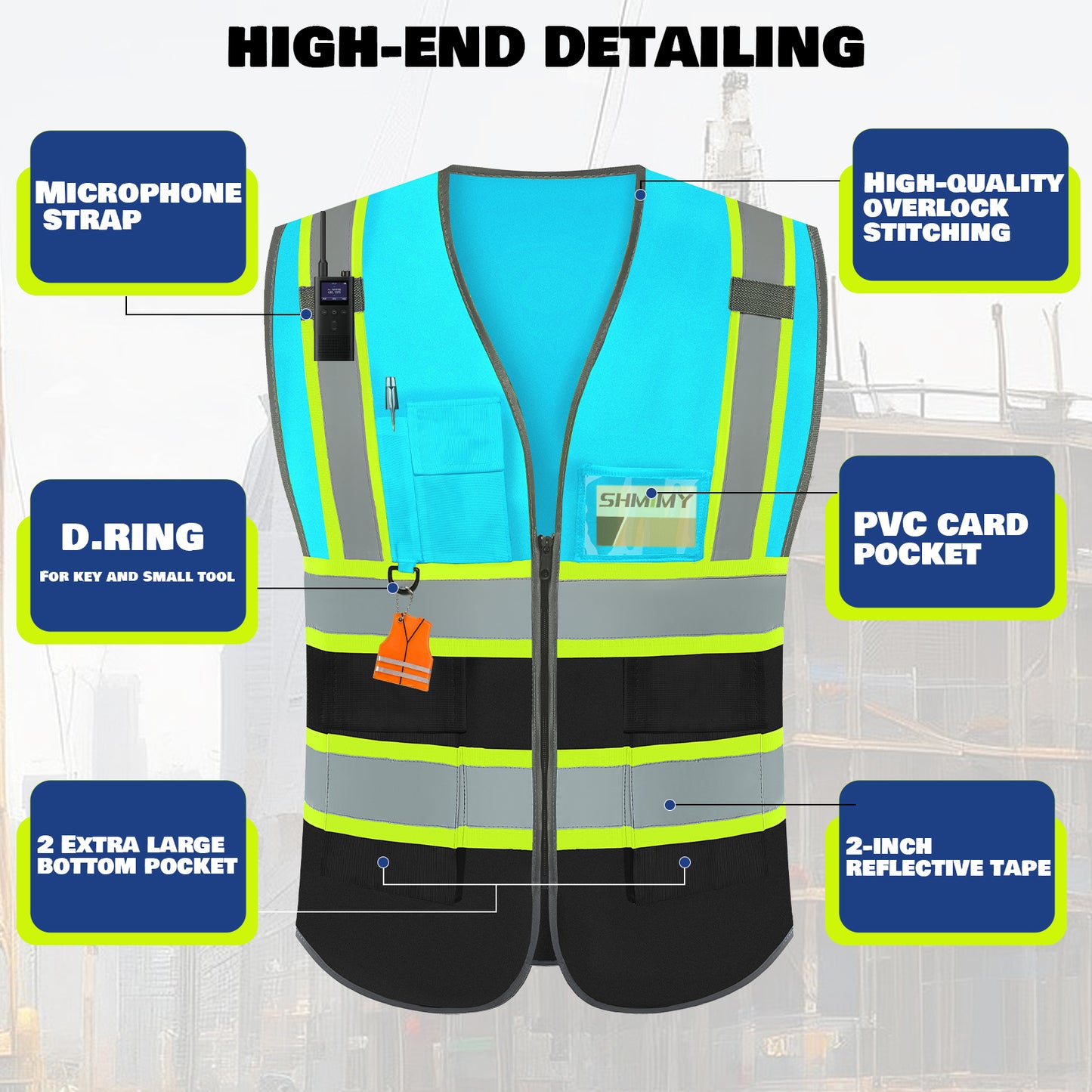 Shmimy Custom Logo Reflective Work Vest with Pockets| Class 2 High Visibility Safety Vest