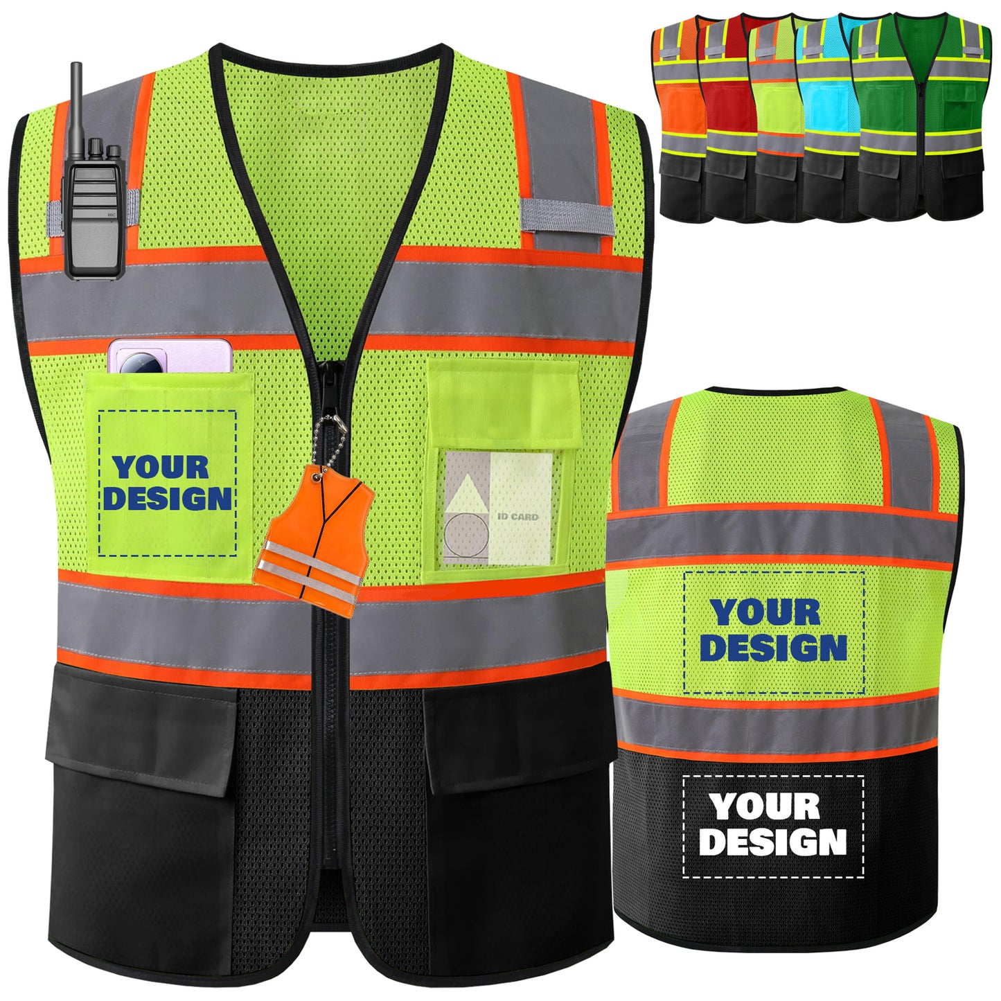 Shmimy Custom Logo High Visibility Reflective Safety Vest Class 2 - Unisex Adult Workwear with Zipper & 9 Pockets for Construction & Security