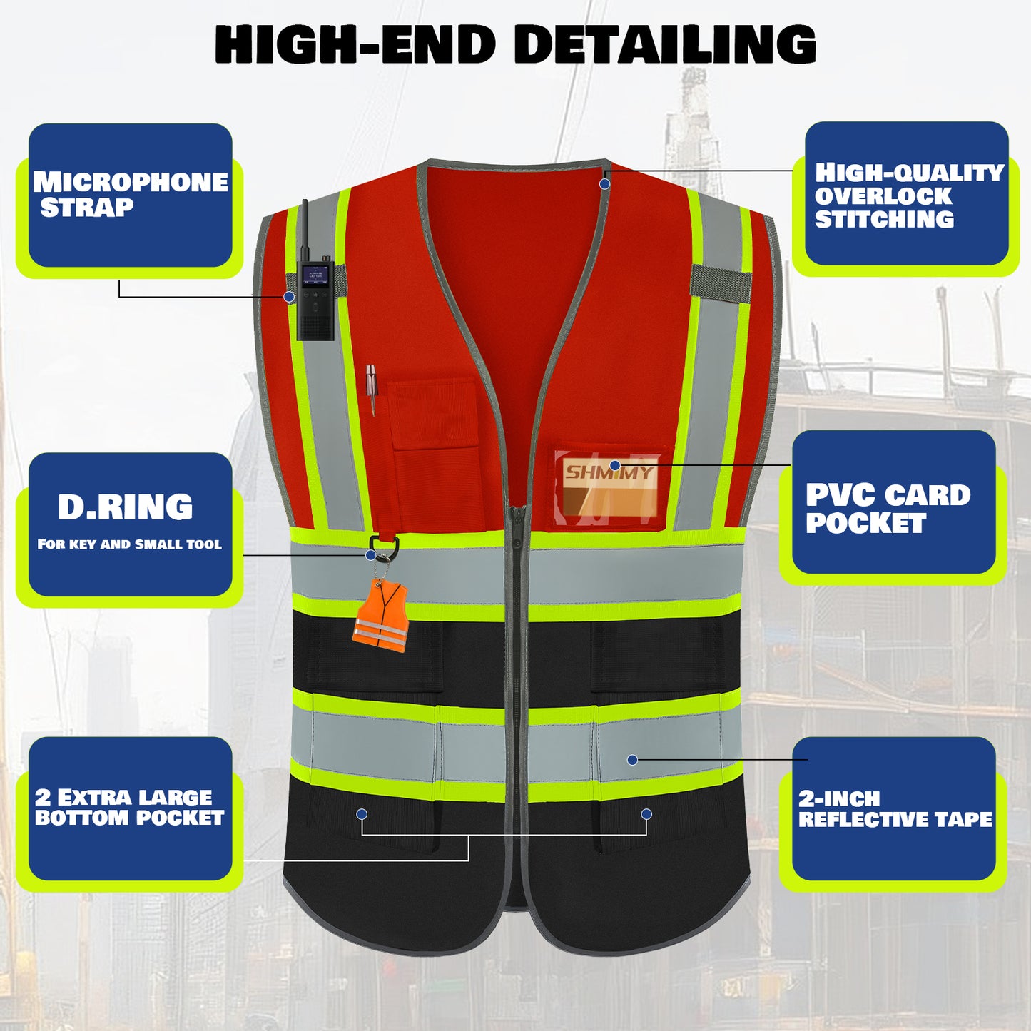 Shmimy Custom Logo Reflective Work Vest with Pockets| Class 2 High Visibility Safety Vest