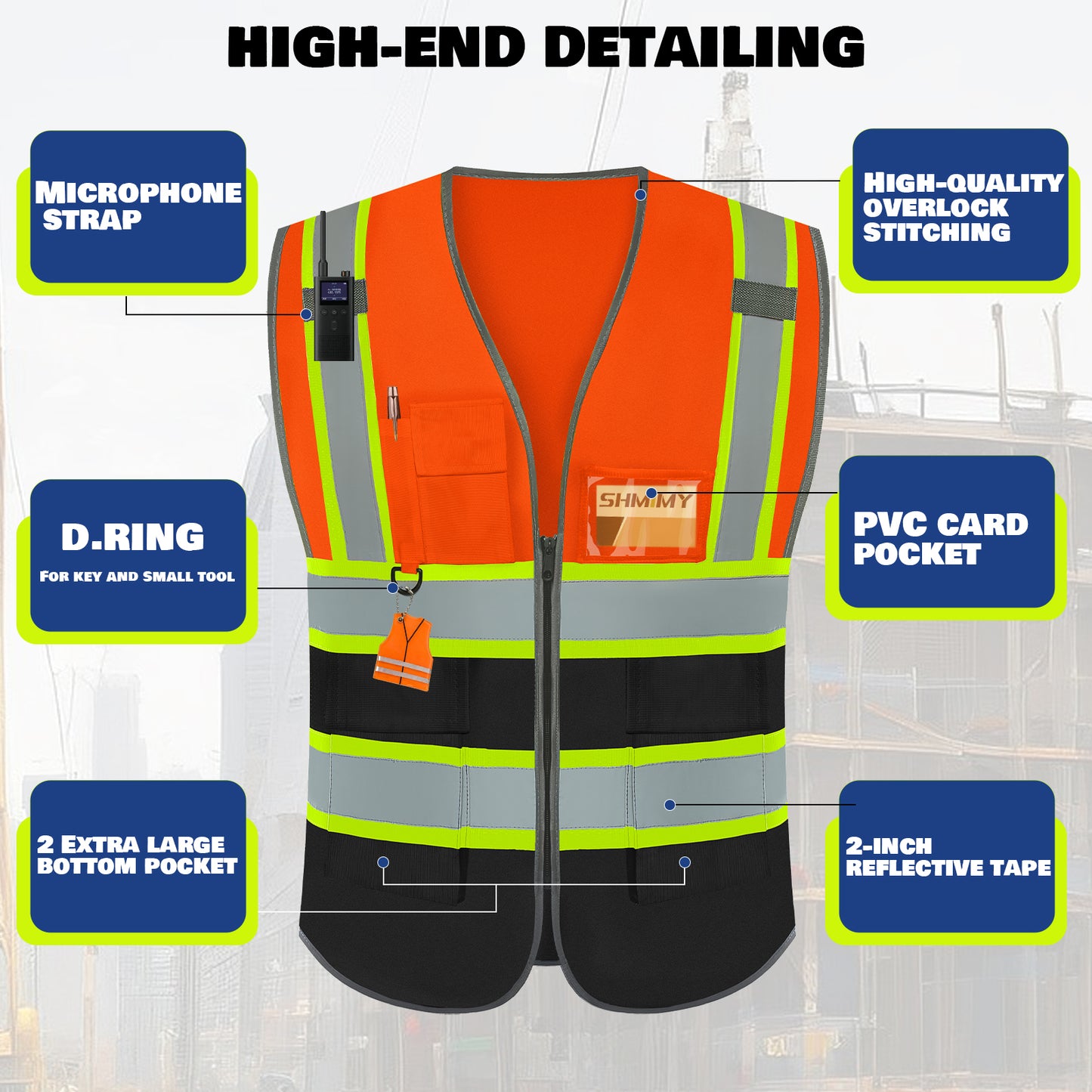 Shmimy Custom Logo Reflective Work Vest with Pockets| Class 2 High Visibility Safety Vest