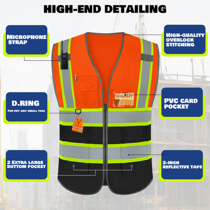 Shmimy Custom Logo Reflective Work Vest with Pockets| Class 2 High Visibility Safety Vest