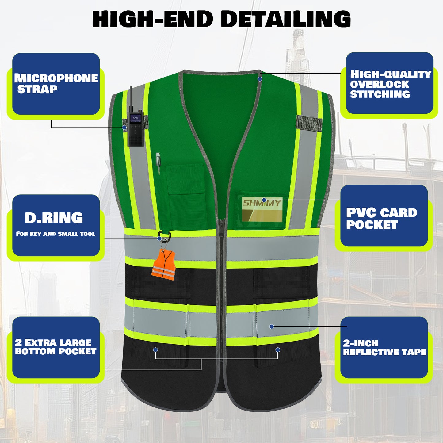 Shmimy Custom Logo Reflective Work Vest with Pockets| Class 2 High Visibility Safety Vest
