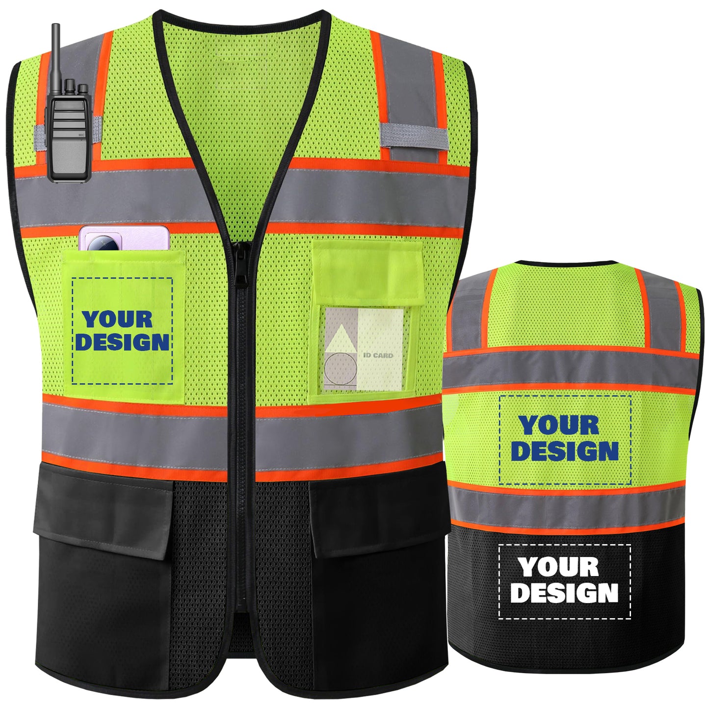 Shmimy Custom Logo High Visibility Reflective Safety Vest Class 2 - Unisex Adult Workwear with Zipper & 9 Pockets for Construction & Security