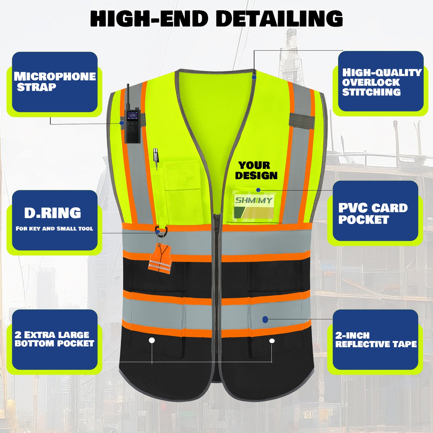 Shmimy Custom Logo Reflective Work Vest with Pockets| Class 2 High Visibility Safety Vest