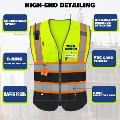 Shmimy Custom Logo Reflective Work Vest with Pockets| Class 2 High Visibility Safety Vest