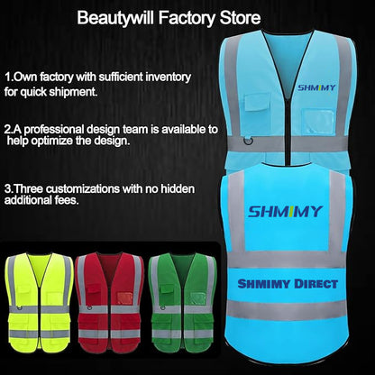 Shmimy Custom Logo Reflective Vest, Class 2 Safety Vests with 5 Pockets Zipper High Visibility