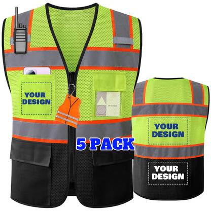 Shmimy Custom Logo High Visibility Reflective Safety Vest Class 2 - Unisex Adult Workwear with Zipper & 9 Pockets for Construction & Security