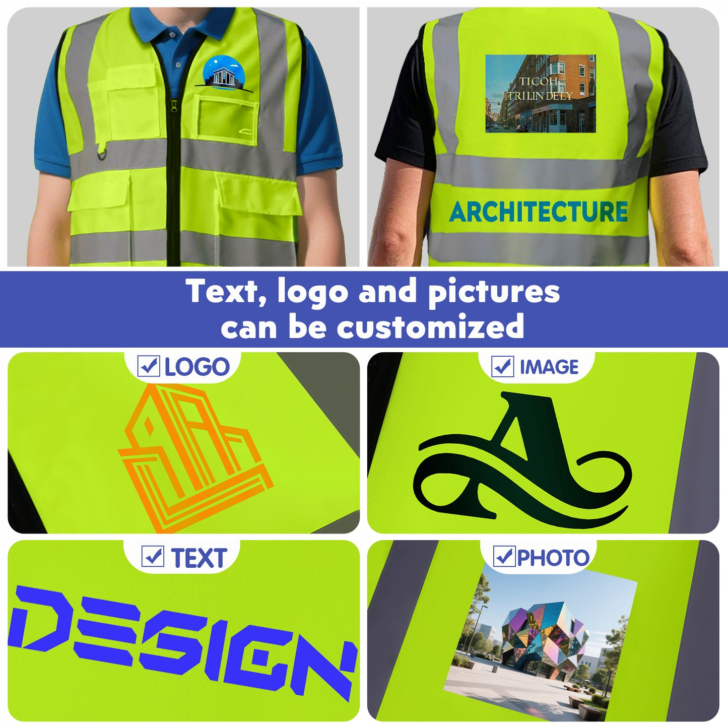 Shmimy Custom Logo Reflective Vest, Class 2 Safety Vests with 5 Pockets Zipper High Visibility