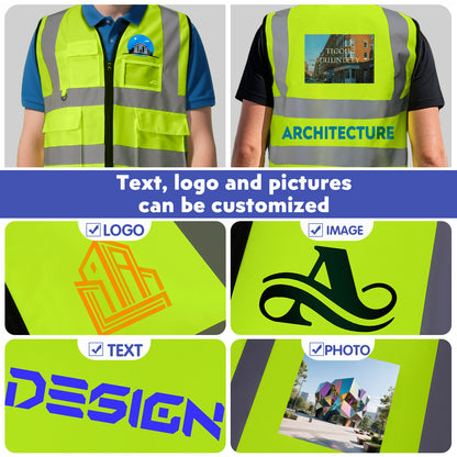 Shmimy Custom Logo Reflective Vest, Class 2 Safety Vests with 5 Pockets Zipper High Visibility