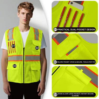 Shmimy Custom Logo Safety Vest 8-Pocket Two-Tone High Visibility Reflective Safety Vest | ANSI/ISEA 107 Class 2