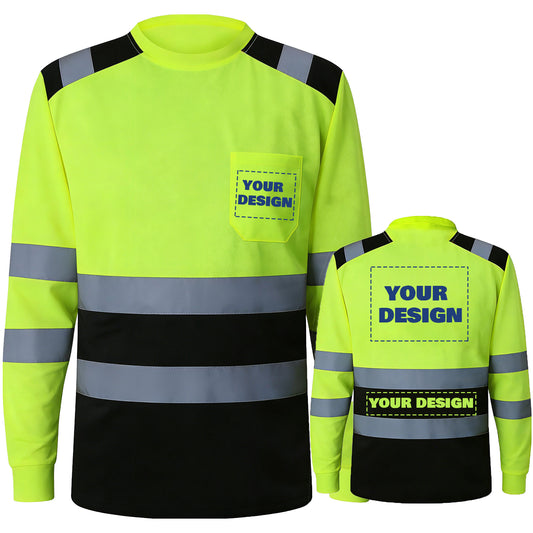 Shmimy Custom Logo High Visibility Safety Shirts, ANSI Class 3 Reflective Work Shirts Long Sleeve Crewneck T-Shirt