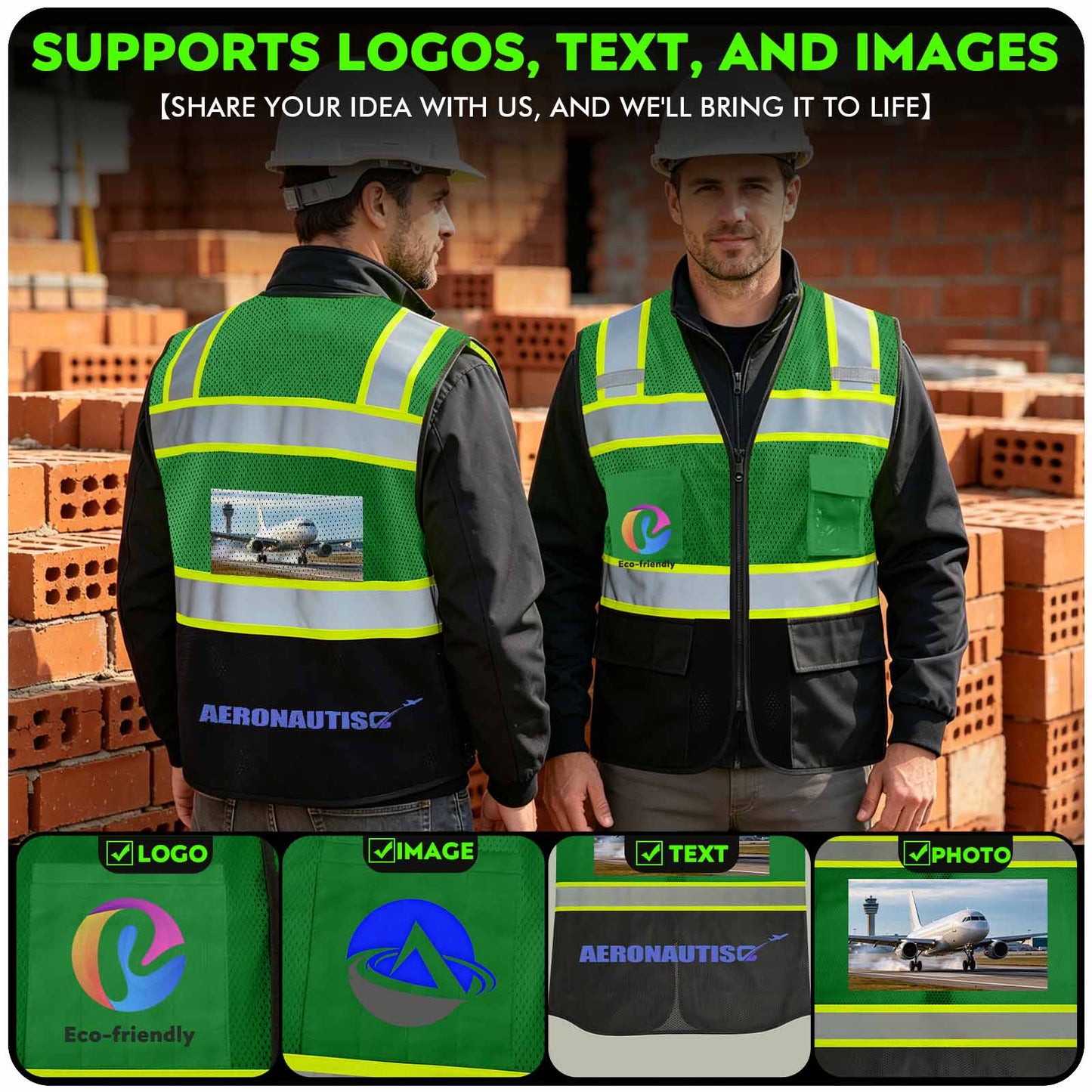Shmimy Custom Logo High Visibility Reflective Safety Vest Class 2 - Unisex Adult Workwear with Zipper & 9 Pockets for Construction & Security