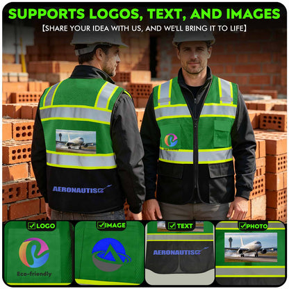 Shmimy Custom Logo High Visibility Reflective Safety Vest Class 2 - Unisex Adult Workwear with Zipper & 9 Pockets for Construction & Security