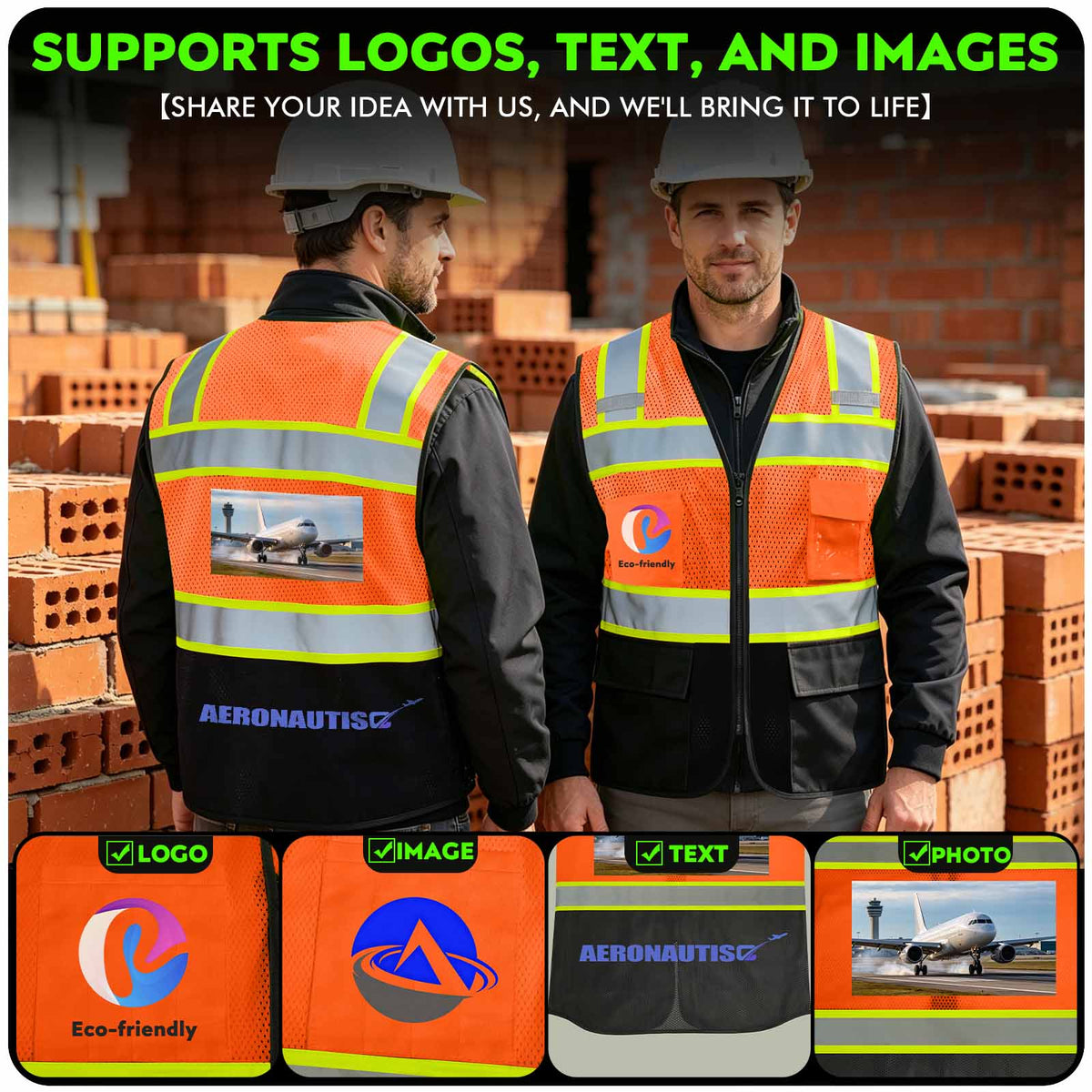 Shmimy Custom Logo High Visibility Reflective Safety Vest Class 2 - Unisex Adult Workwear with Zipper & 9 Pockets for Construction & Security