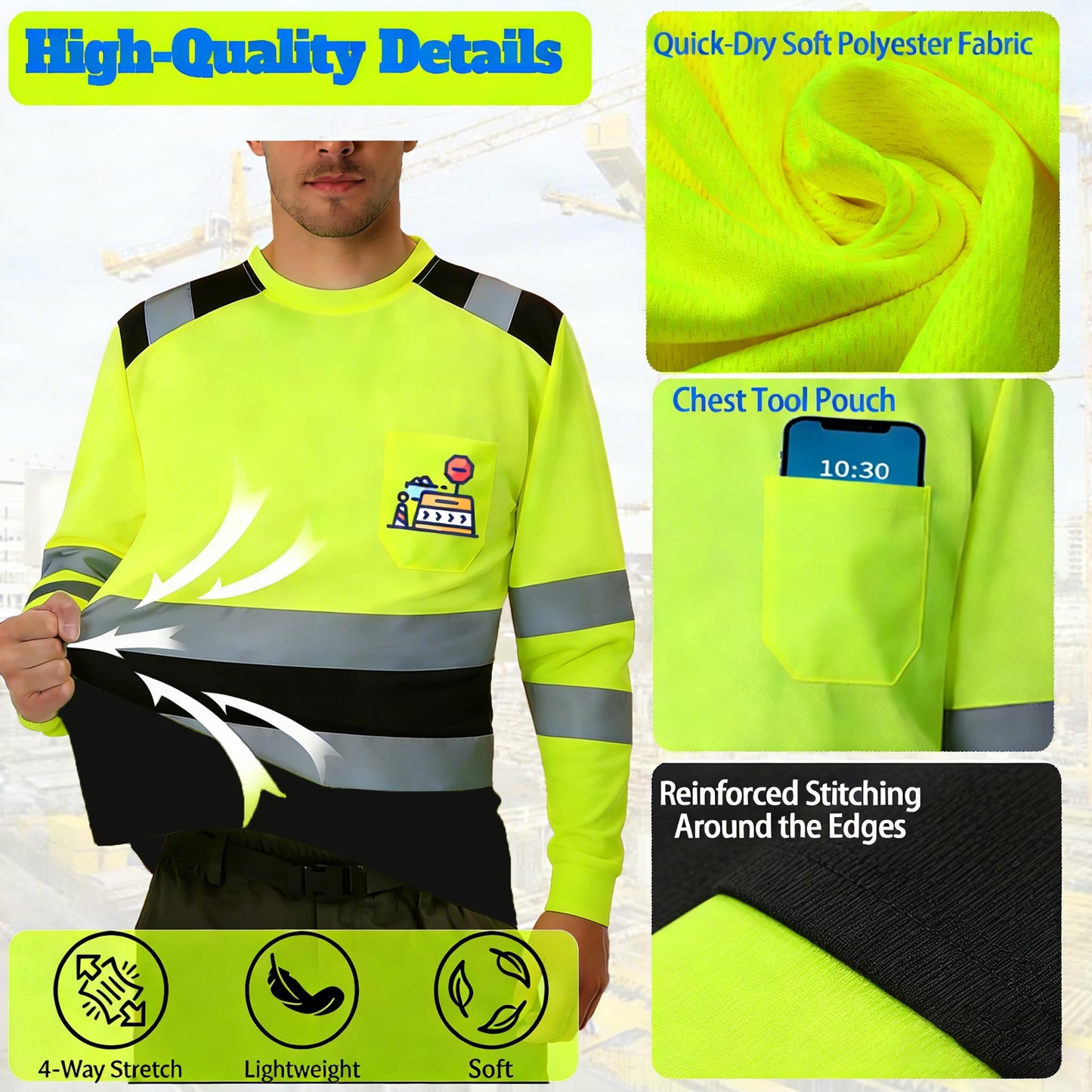 Shmimy Custom Logo High Visibility Safety Shirts, ANSI Class 3 Reflective Work Shirts Long Sleeve Crewneck T-Shirt