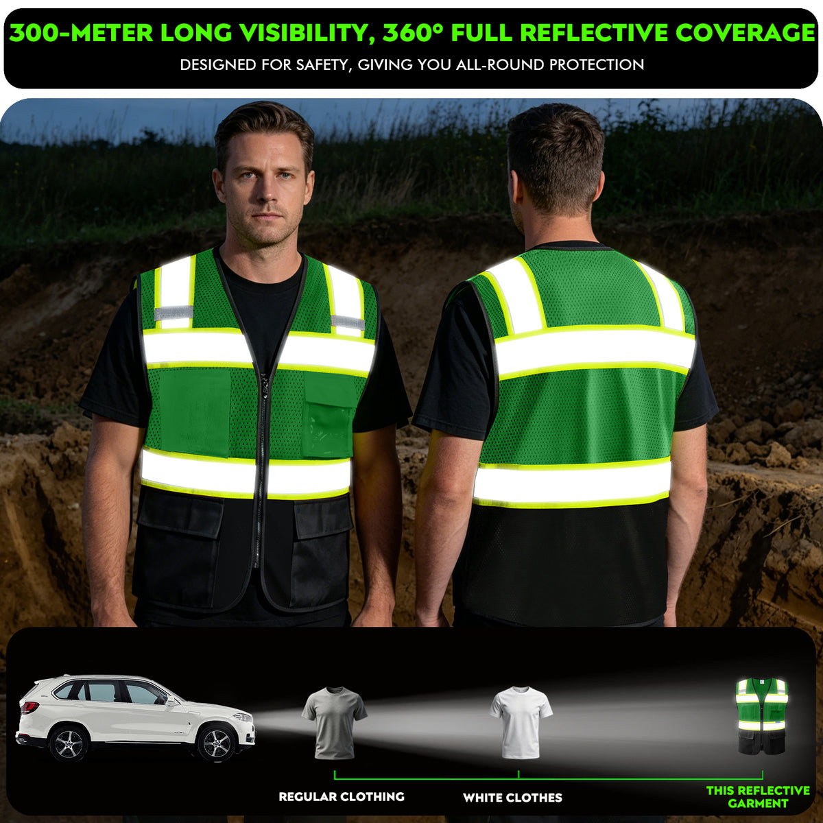 Shmimy Custom Logo High Visibility Reflective Safety Vest Class 2 - Unisex Adult Workwear with Zipper & 9 Pockets for Construction & Security