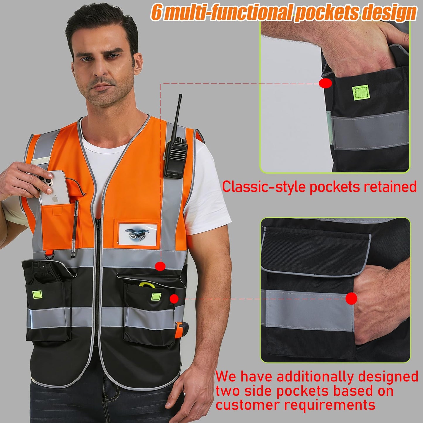 Shmimy Custom Safety Vest Class 2 High Visibility Reflective Vest 6 Pocket