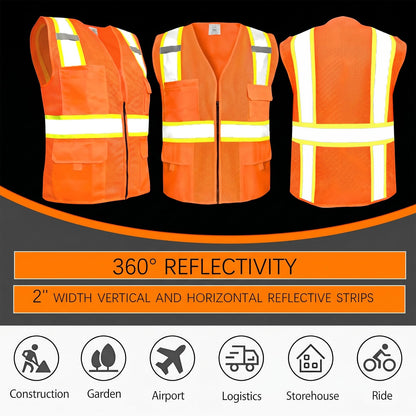 Shmimy Custom Safety Vest Customized Logo Class 2 High Visibility Reflective Vest with 8 Pockets Construction workwear
