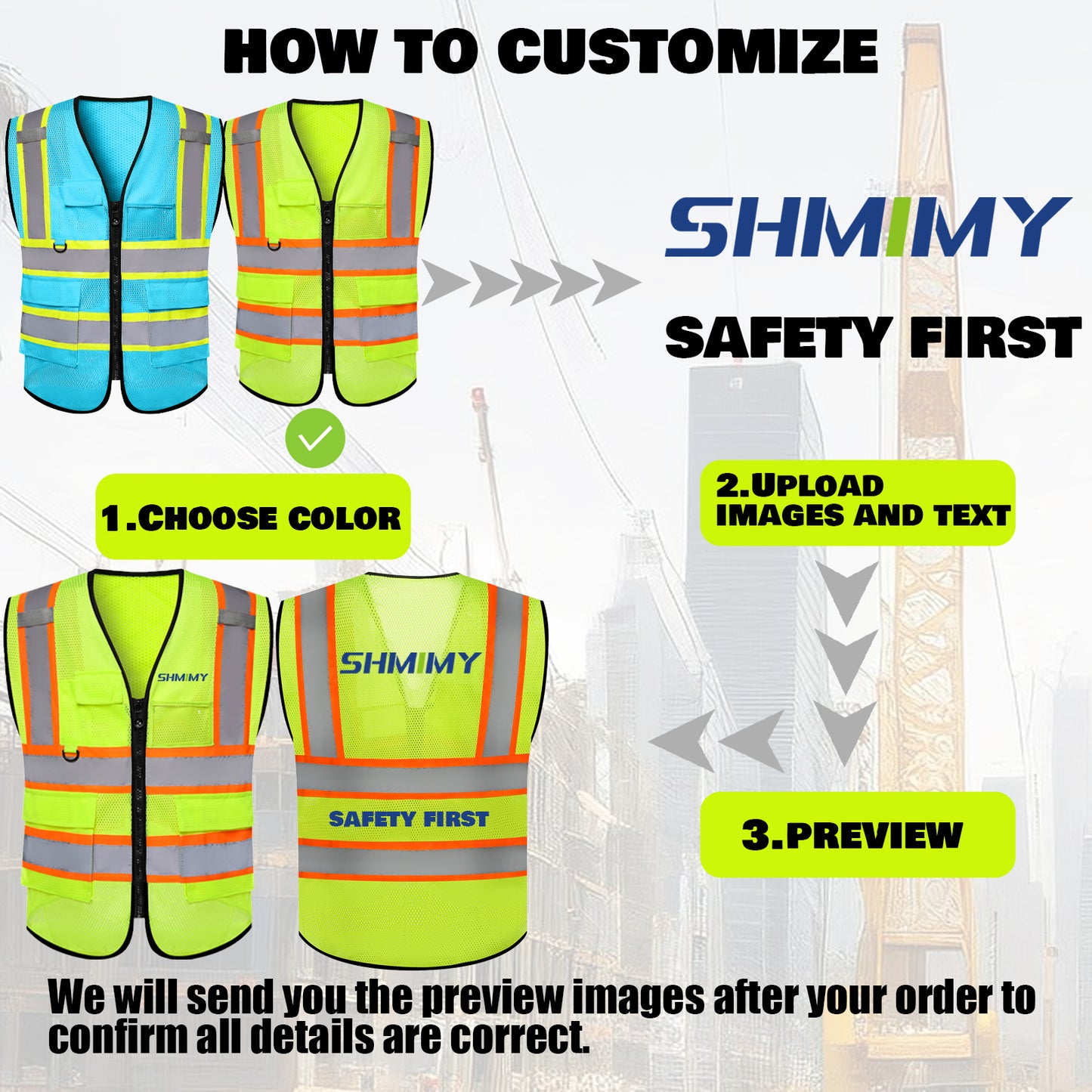 Shmimy Custom Mesh Safety Vest with 5 Pockets Class 2 Adult Unisex Construction Security Workwear