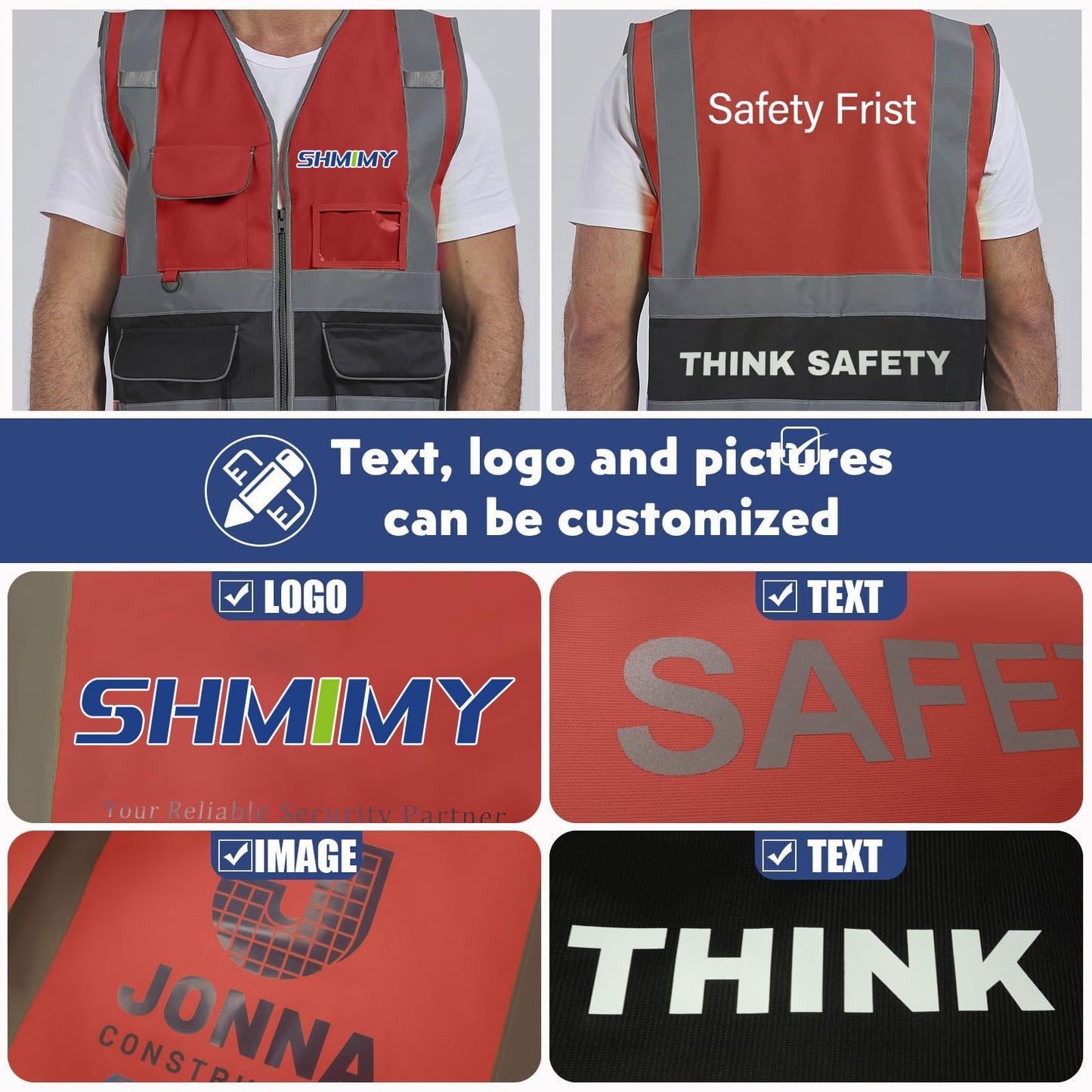 Shmimy Custom Safety Vest Class 2 High Visibility Reflective Vest 6 Pocket
