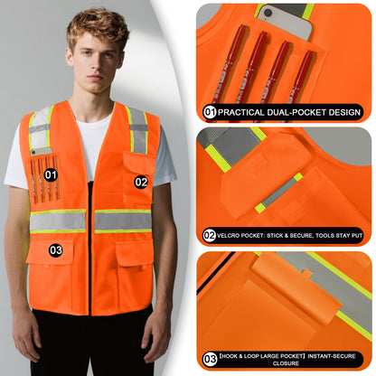 Shmimy Custom Logo Safety Vest 8-Pocket Two-Tone High Visibility Reflective Safety Vest | ANSI/ISEA 107 Class 2