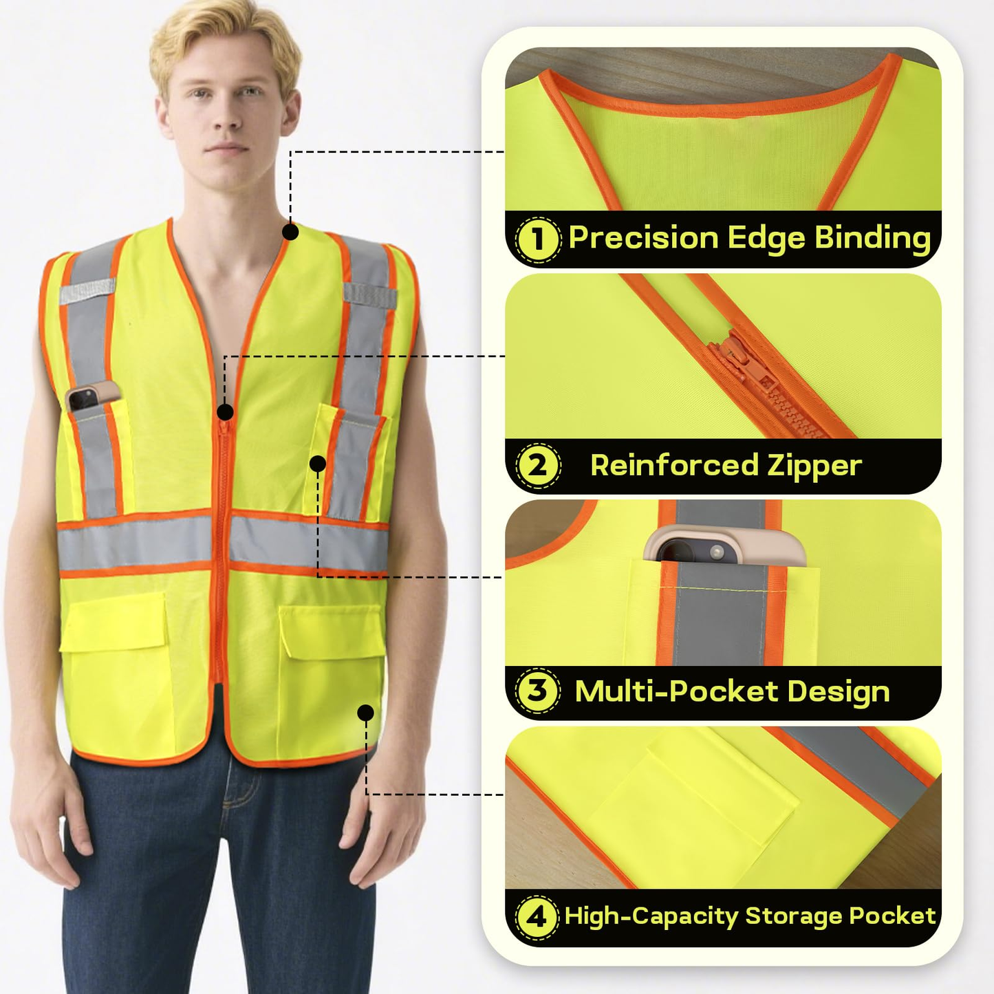Shmimy Custom High Visibility Safety Vest, Class 2 Reflective Work Vest With Pockets, Custom Logo Construction Workwear