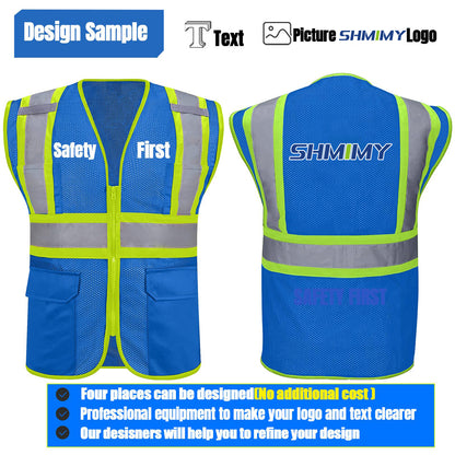 Shmimy Custom High Visibility Safety Vest, Class 2 Reflective Work Vest With Pockets, Custom Logo Construction Workwear