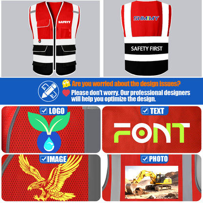 Shmimy 6 Pockets Custom Safety Vest Customized Logo Class 2 High Visibility Reflective Vest