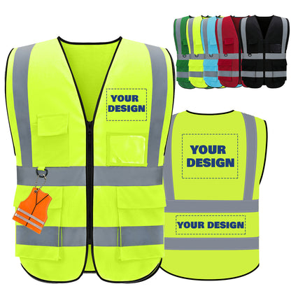 Shmimy Custom Logo Reflective Vest, Class 2 Safety Vests with 5 Pockets Zipper High Visibility