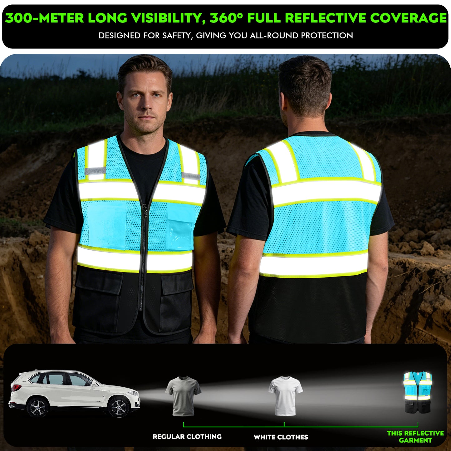 Shmimy Custom Logo High Visibility Reflective Safety Vest Class 2 - Unisex Adult Workwear with Zipper & 9 Pockets for Construction & Security