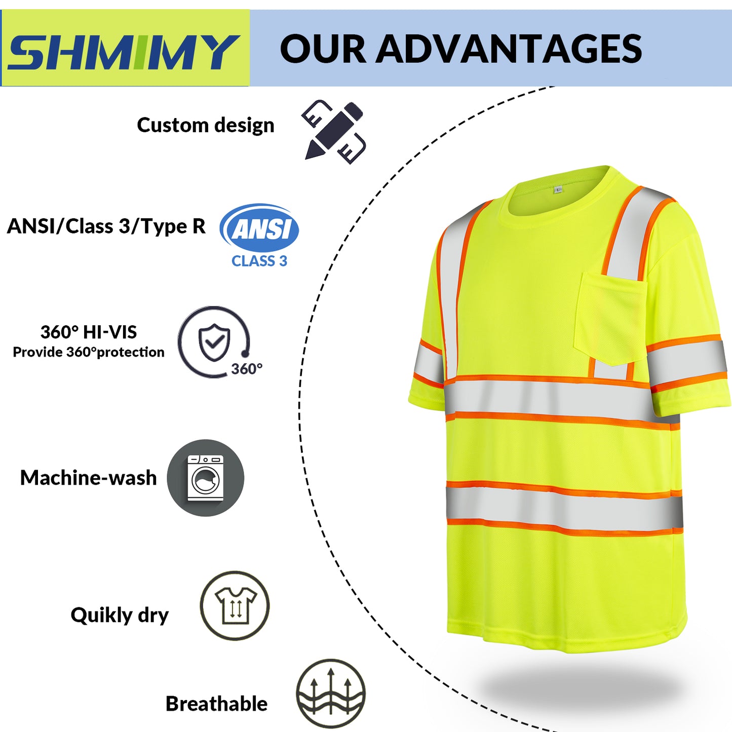 Shmimy Custom Logo High Visibility Safety Shirts, ANSI Class 3 Reflective Work Shirts Long Sleeve Crewneck T-Shirt