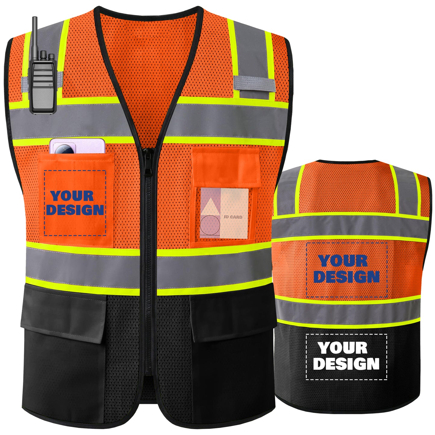Shmimy Custom Logo High Visibility Reflective Safety Vest Class 2 - Unisex Adult Workwear with Zipper & 9 Pockets for Construction & Security