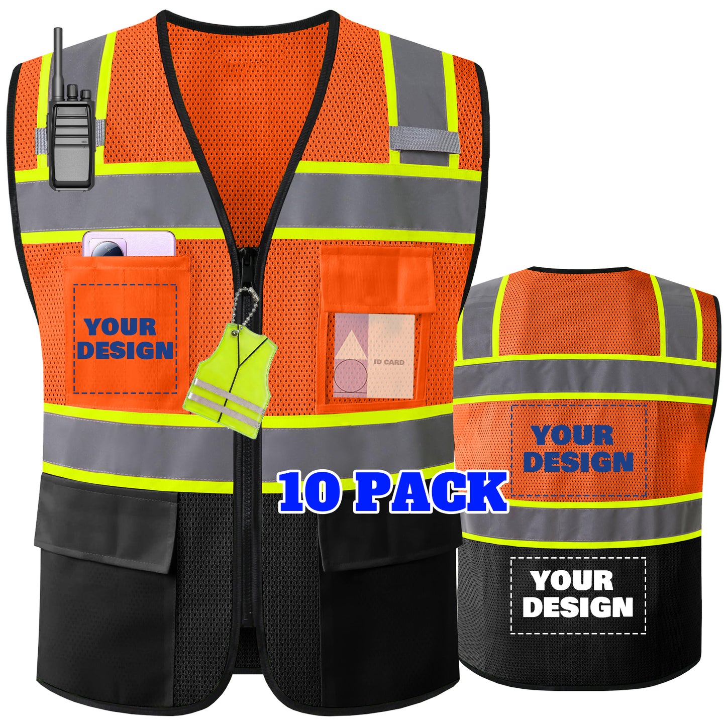 Shmimy Custom Logo High Visibility Reflective Safety Vest Class 2 - Unisex Adult Workwear with Zipper & 9 Pockets for Construction & Security