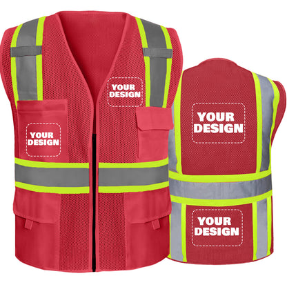 Shmimy Custom Safety Vest Customized Logo Class 2 High Visibility Reflective Vest with 8 Pockets Construction workwear