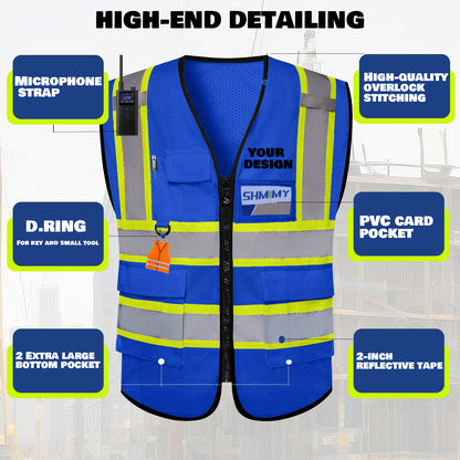 Shmimy Custom Mesh Safety Vest with 5 Pockets Class 2 Adult Unisex Construction Security Workwear