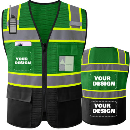 Shmimy Custom Logo High Visibility Reflective Safety Vest Class 2 - Unisex Adult Workwear with Zipper & 9 Pockets for Construction & Security