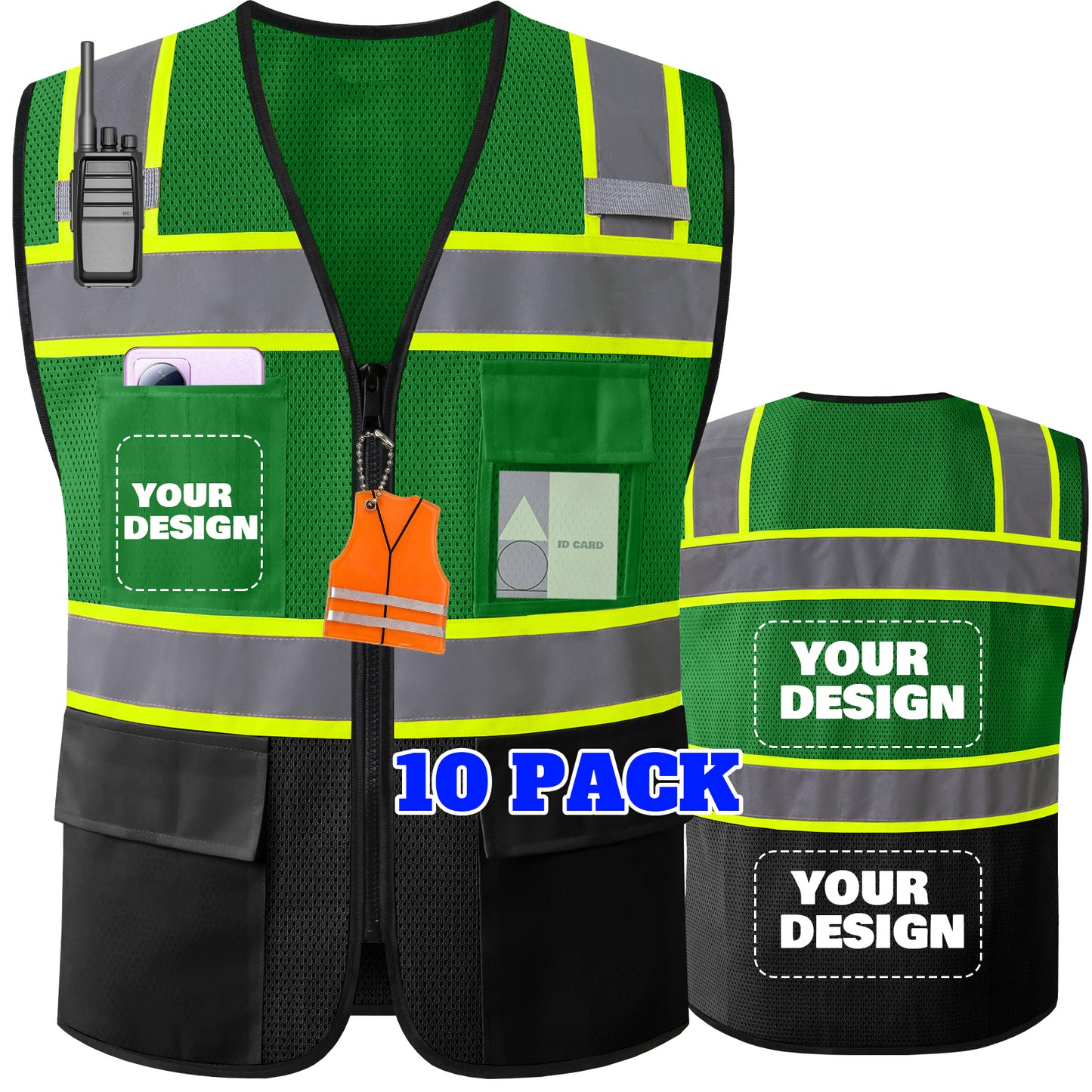 Shmimy Custom Logo High Visibility Reflective Safety Vest Class 2 - Unisex Adult Workwear with Zipper & 9 Pockets for Construction & Security