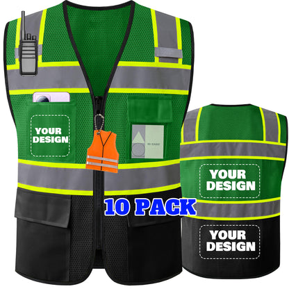 Shmimy Custom Logo High Visibility Reflective Safety Vest Class 2 - Unisex Adult Workwear with Zipper & 9 Pockets for Construction & Security