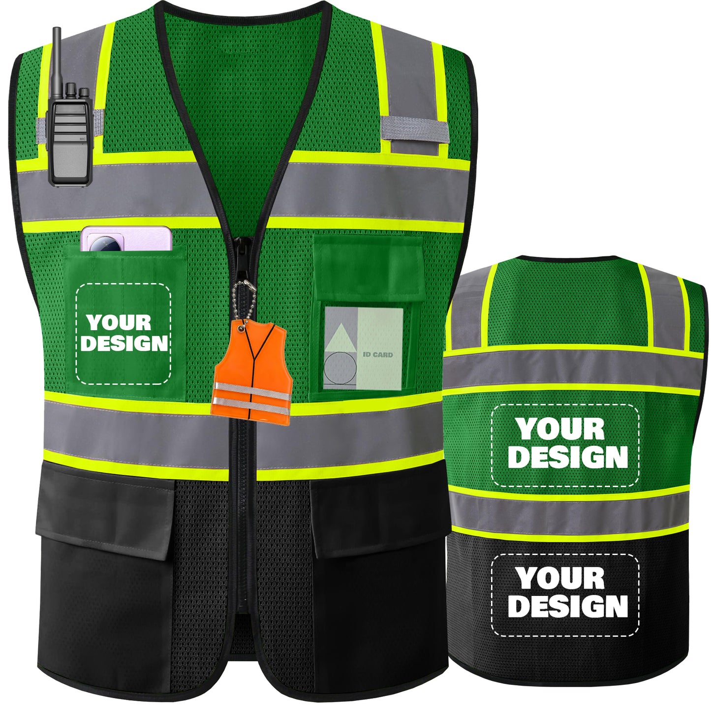 Shmimy Custom Logo High Visibility Reflective Safety Vest Class 2 - Unisex Adult Workwear with Zipper & 9 Pockets for Construction & Security
