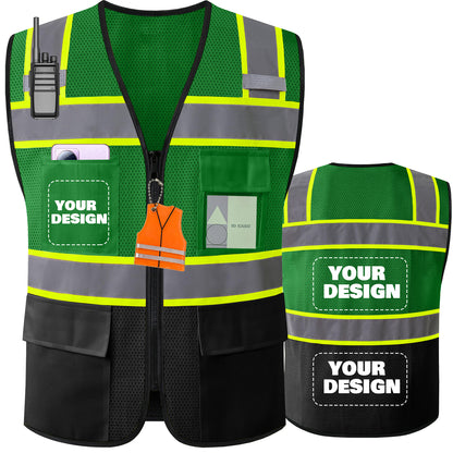 Shmimy Custom Logo High Visibility Reflective Safety Vest Class 2 - Unisex Adult Workwear with Zipper & 9 Pockets for Construction & Security