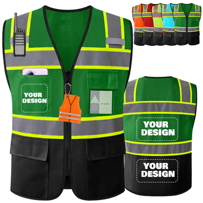 Shmimy Custom Logo High Visibility Reflective Safety Vest Class 2 - Unisex Adult Workwear with Zipper & 9 Pockets for Construction & Security