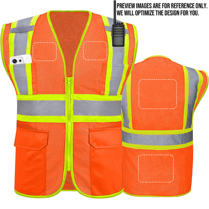 Shmimy Custom High Visibility Safety Vest, Class 2 Reflective Work Vest With Pockets, Custom Logo Construction Workwear