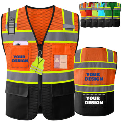 Shmimy Custom Logo High Visibility Reflective Safety Vest Class 2 - Unisex Adult Workwear with Zipper & 9 Pockets for Construction & Security